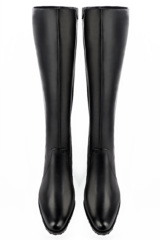 Satin black women's riding knee-high boots. Round toe. Medium block heels. Made to measure. Top view - Florence KOOIJMAN